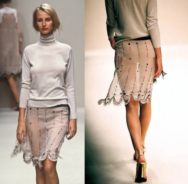 Prada Vintage Spring 2000 Beige Semi Sheer Silk Lip Embellished Skirt 40 Runway
