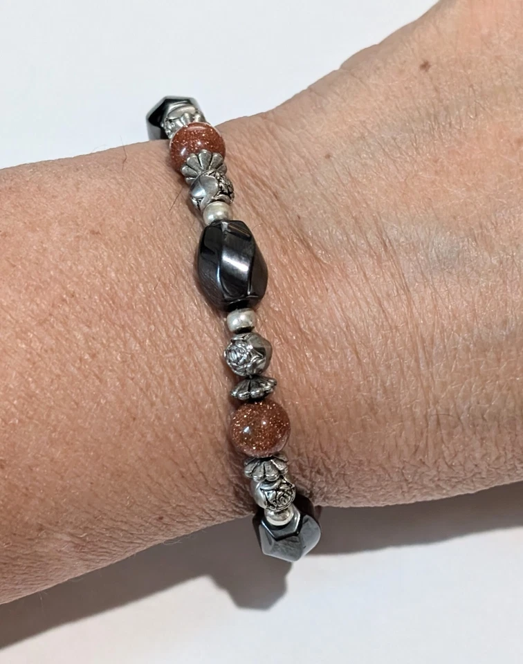 Pulsera vintage de plata esterlina pulida piedra solar hematita rosa con cuentas 7,5" Foto 3 de 4