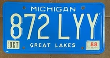 Michigan 1988 License Plate # 872 LYY