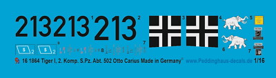 Peddinghaus-Decals 1/16 1864 Tiger I e frühe Ausf. schw. Pz. Abt 502 Otto Carius