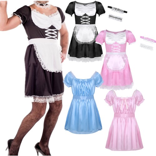 Mens Sissy Lingerie French Maid Uniform Shiny Satin Dress Fancy Costume Cosplay - Afbeelding 1 van 61