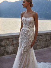 Mermaid Wedding Dress Beach Strapless Sheath Lace-up Bridal Gowns Small Tail