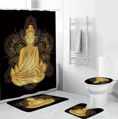 Lord Buddha Shower Curtain Bathroom Rug Set Non-Slip Bath Mat Toilet Lid Cover