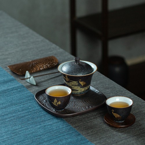 5pcs/lot Pottery Teaset Gaiwan Matching Teacup Crane Relief Tea Plate Brush Rack - Picture 7 of 8