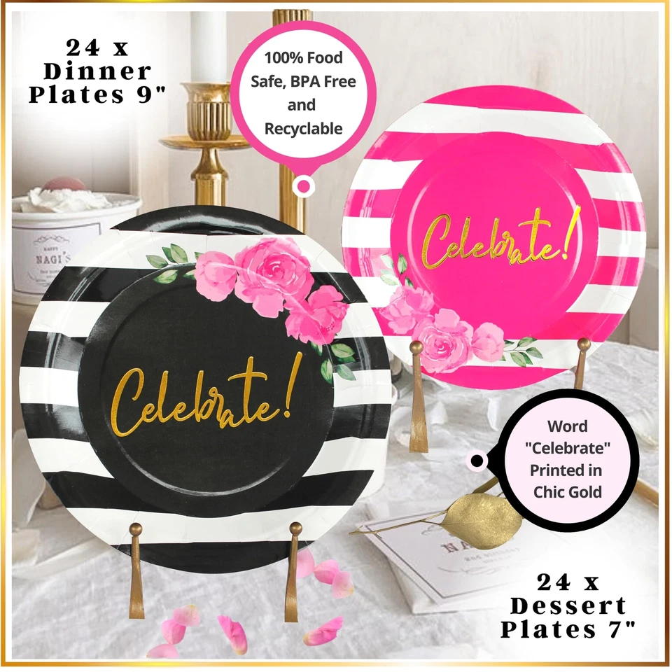 121 Piezas Decoraciones de Cumpleaños Negro y Rosa - Juego de Vajilla Desechable - Servir... Foto 3 de 4