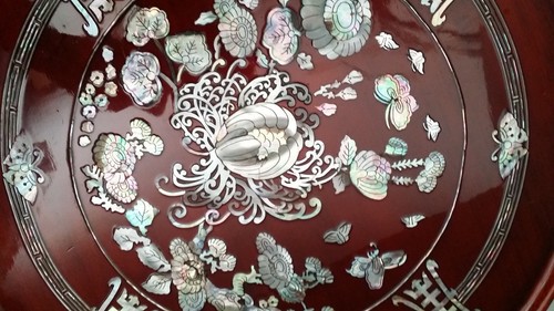 Korean Artisian 1950's Laquered Deep Reddish Hue Mother-of-Pearl Inlaid Table