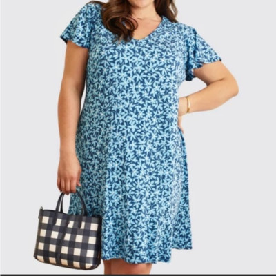 Draper James Grotto V Neck Flutter Sleeve Floral Dress in Blue Size 3X