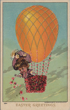 Easter Hot Air Balloon Woman Tossing Flower Petals c1910 J Bien postcard AQ6