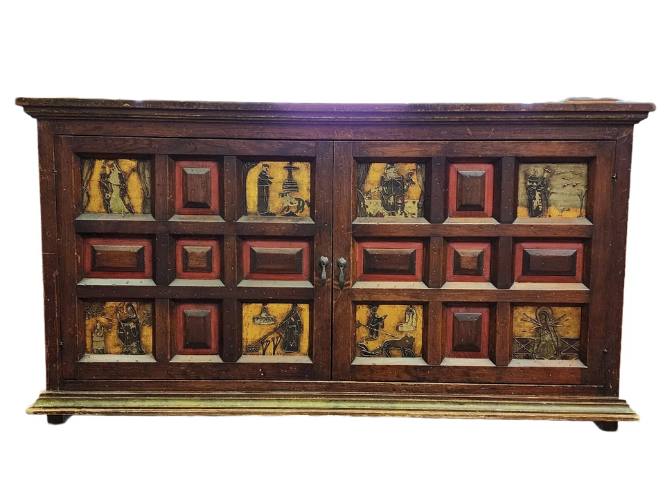 ANTIGUO APARADOR COLONIAL ESPAÑOL 19C POLICROMADO PANEL ESCENA RELIGIOSA CATÓLICA Foto 3 de 4