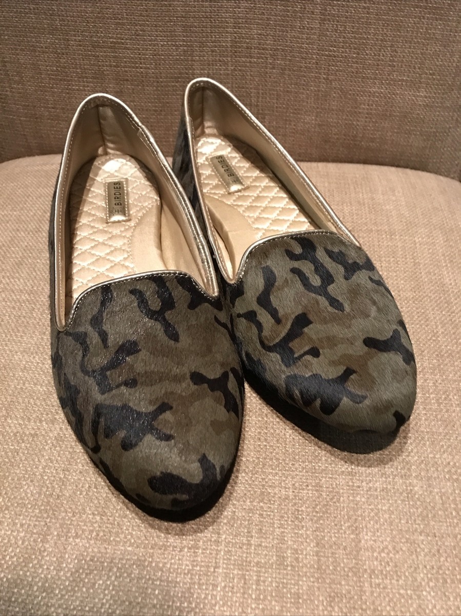 Birdies The Blackbird Shoes Green Camo Calf Hair Flats Padded