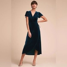BHLDN Anthropologie Stretch Velvet Wrap Dress XL Peacock  Quiet Luxury  NWOT