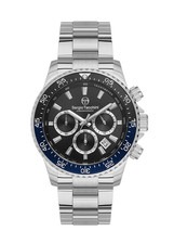 Sergio Tacchini Men's Chronograph Watch Black Dial Blue Bezel Silver Steel - New