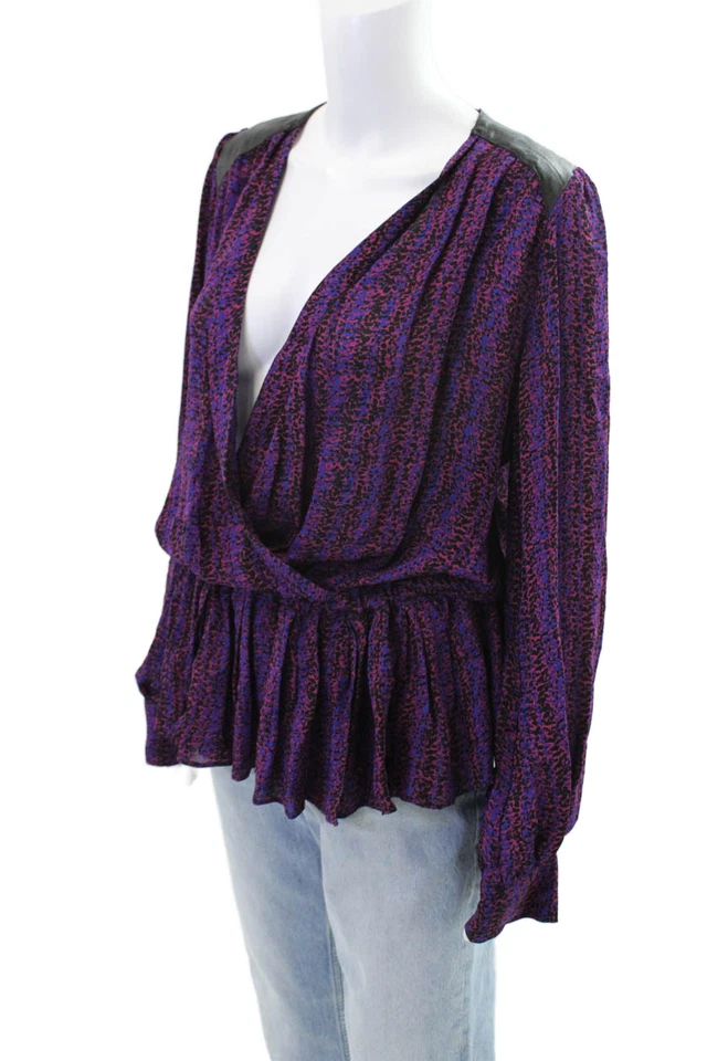 Parker женщин шелк напечатано v-образным вырезом длинным рукавом пеплум блузка верхний фиолетовый размер M - Изображение 2 из 4