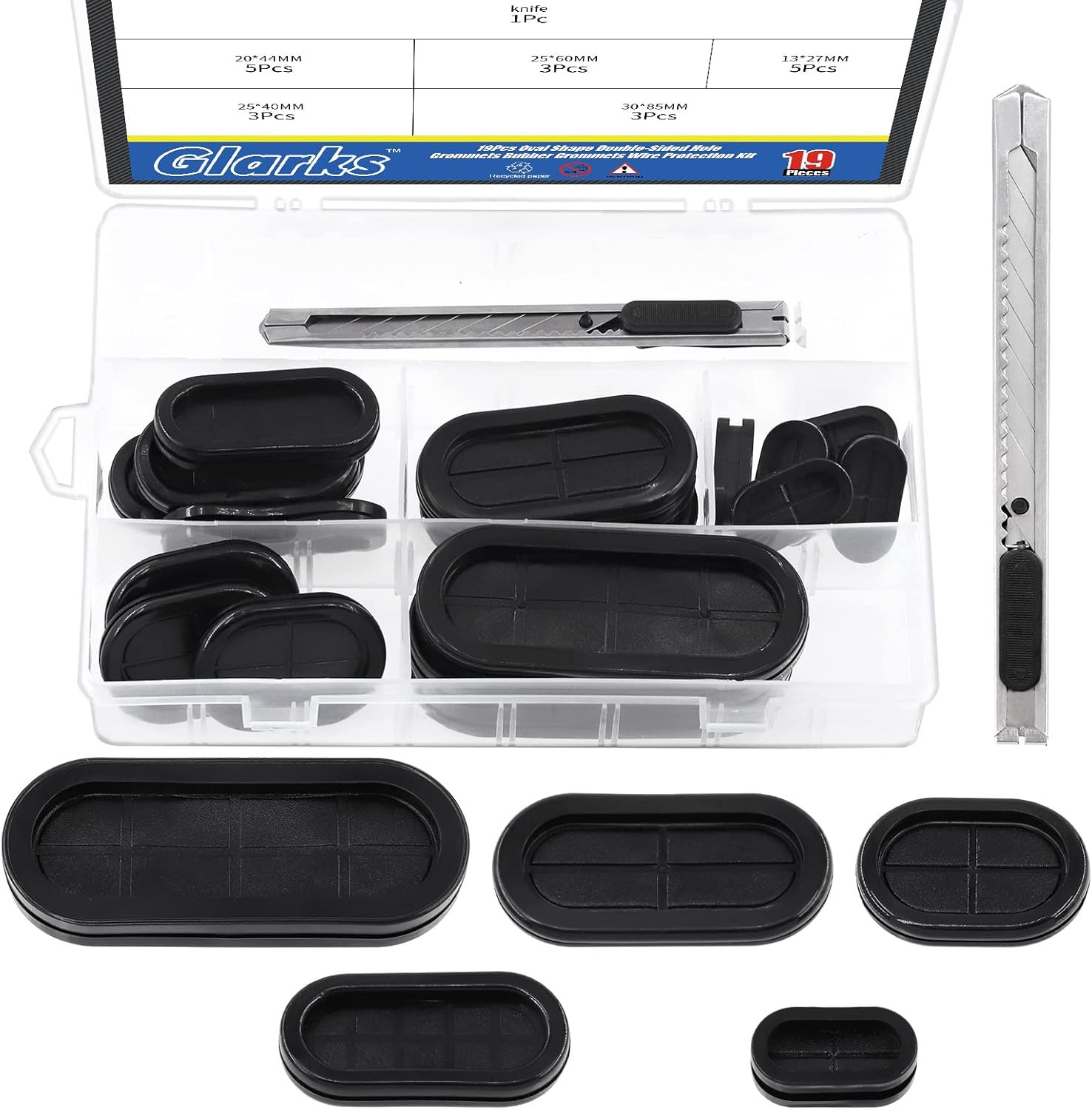 Glarks 20Pcs Oval Closed Rubber Grommet Assortment, 5 Size Double Sided Rubber G