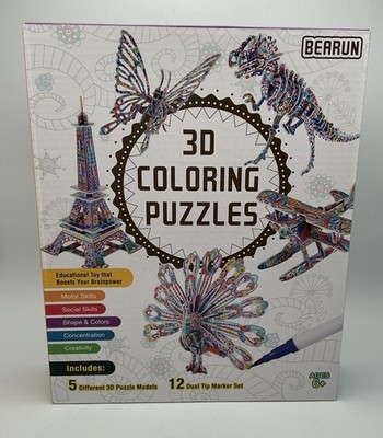 Bearun 3D Coloring Puzzles: Eiffel Tower, Dinosaur, Peacock, Plane, More NIB