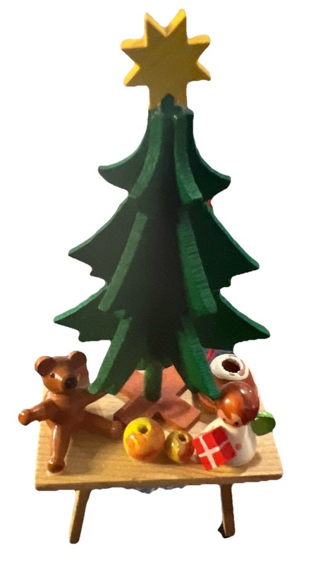Vintage Wooden Christmas Tree On Table W/Toys Ornament Germany Original Tag
