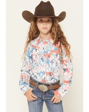 Wrangler Girls' Horse Print Long Sleeve Snap Western Shirt Multi X-Small