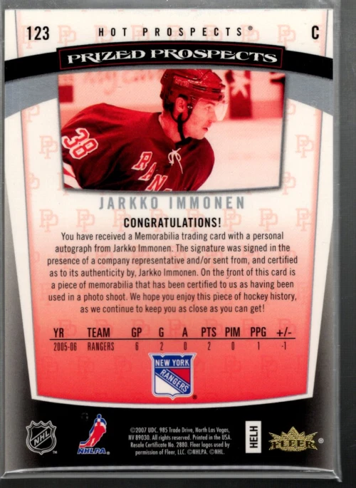 A0152- 2006-07 Hot Prospects #123 Jarkko Immonen RC Auto Jersey /599 - NM-MT - Image 2 of 2