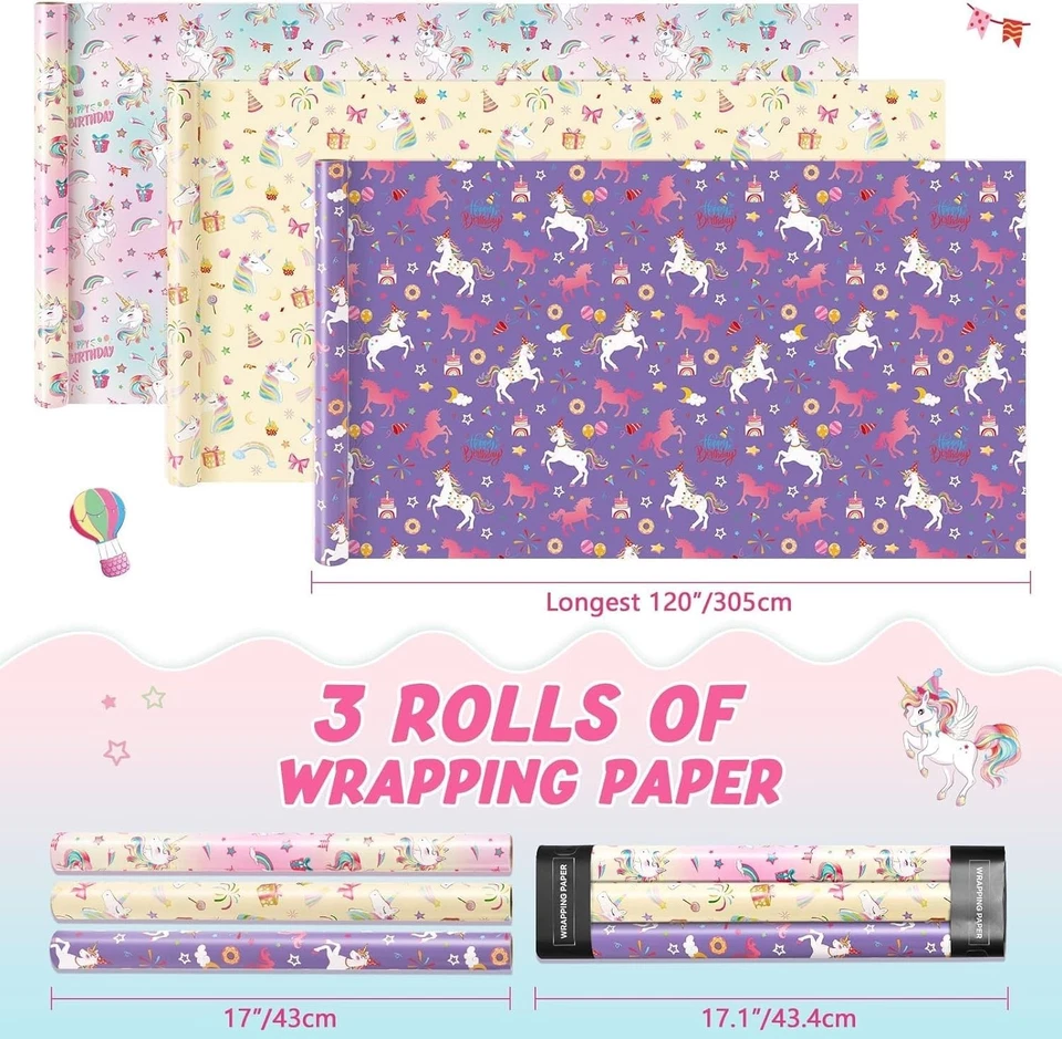 Encantador papel de envolver unicornio - 3 rollos, 17” x 120” para cumpleaños mágicos Foto 4 de 4