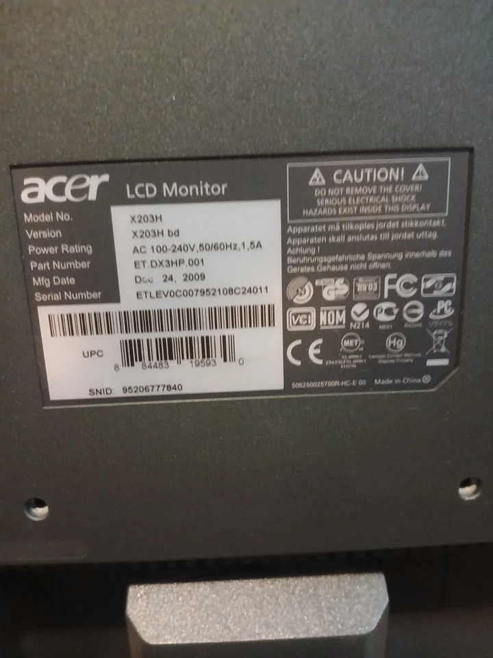 Acer X203h 20” Widescreen LED LCD Monitor With STAND 1680x900 16:9 VGA DVI - Image 4 of 4