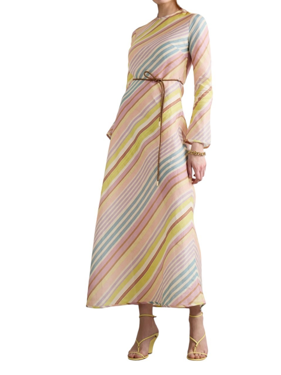 Zimmermann Halliday Bias Long Dress | Multi Stripe, Linen, Belt, Long Sleeve