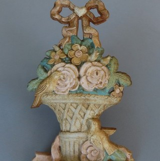 Vintage Mid Century Cast Iron DoorStop BASKET of FLOWERS w BIRDS BOW Top
