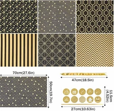 Gift Wrapping Paper Set, 6 Sheets Metallic Black Gold Foil Wrapping Paper w/G...