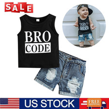 Newborn Baby Boys Sleeveless Letter-shirt Holey Denim Jeans Summer Outfits Set