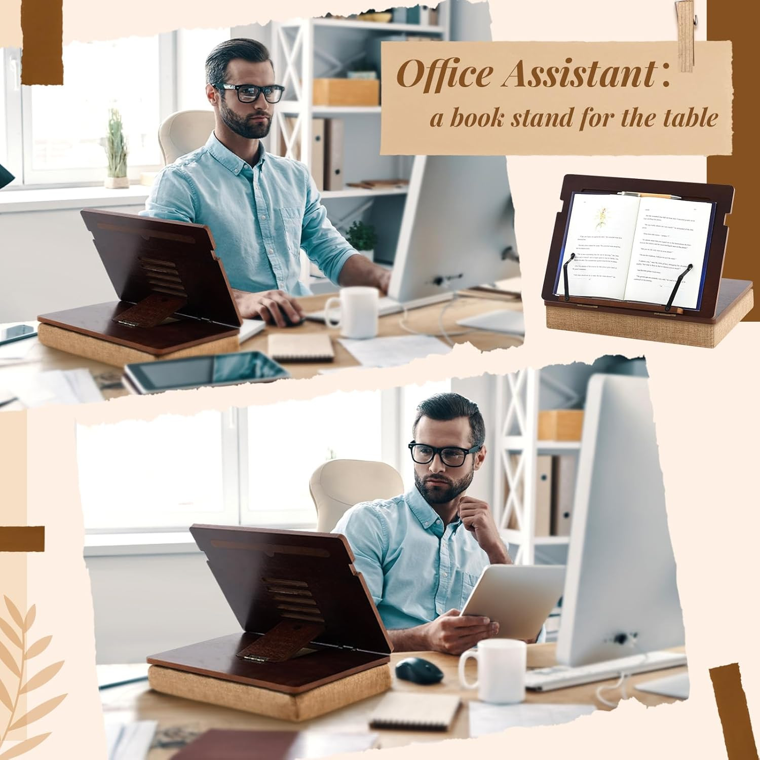 Wood Book Stand with Cushion Adjustable Lap Desk Cookbook Holder 14.7x10.6 Inch