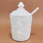 Vintage Westmoreland Milk Glass PANELED GRAPE Mustard Jar w/ Lid & Spoon