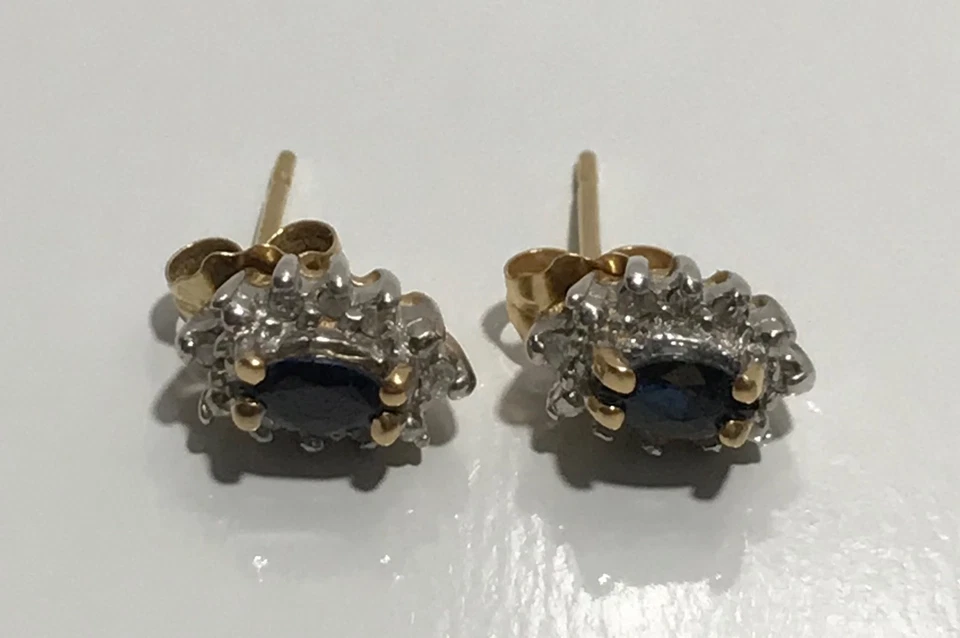 14K 双色金色侯爵夫人切割天然蓝色蓝宝石和钻石光环耳环 — 第 4/4 张图片