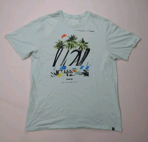 Hurley Shirt Mens Large Blue Surf Tropical Paradise Beach Palm Tree Graphic - Foto 1 di 10