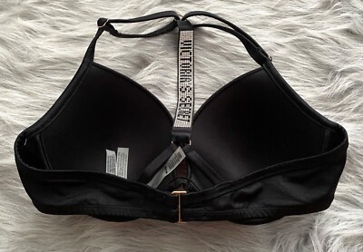 Victoria's Secret Swim Bikini Top Nwt Black Shine Strap Logo Underwire Top 32DD