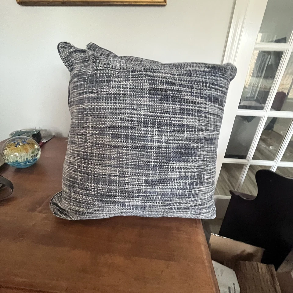 Set of 2 Feather Filled Large Throw Pillows Blue and Gray Chenille Plaid  22” - Image 2 of 4