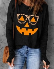 Pumpkin Face Graphic Long Sleeve Women T-Shirt