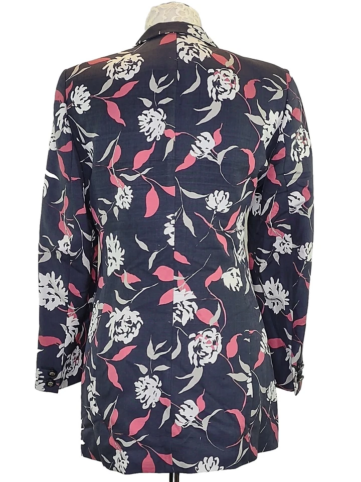 Chaqueta Larga De Colección LOUIS FERAUD Seda Azul Marino Rosa Floral Forrada Talla 4 Foto 3 de 4