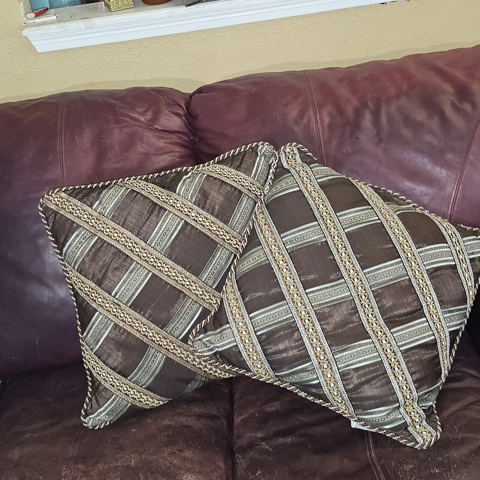 2 Croscill Royal 带状枕头棕色绿色金色挂毯线圈豪华  — 第 2/4 张图片