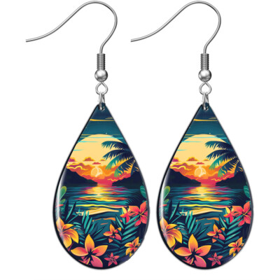 Tropical Sunrise Earrings Wood Teardrop Dangle Drop Style Sterling Silver Wires