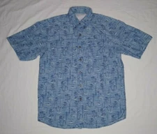 LL Bean Shirt Mens Large Blue Vented Button Up Hawaiian Tiki Hut Palm Fishing