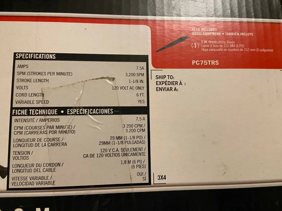 Porter-Cable 7.5AMP Corded Reciprocating Saw PC75TRS IN DAMAGED BOX - Image 2 of 3