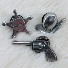 Jonette Jewelry JJ Western Pewter Lapel Scatter Pin Set - Hat Sheriff Badge Gun