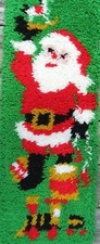 VINTAGE COMPLETED LATCH HOOK RUG RUNNER SANTA CLAUS TRAIN CHRISTMAS 34 X 12"