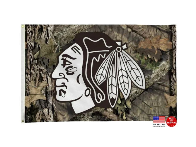 Chicago Blackhawks BANDERA 3X5 BANDERA EE. UU. Camuflaje Black Hawks Hombre Banderas Cueva Camuflaje Foto 3 de 4