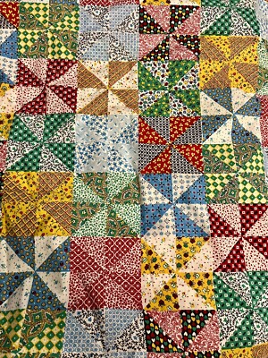 VTG 1970`s Faux Feed Sack Prints 3'' Pinwheel Squares Cheater Quilt 18''X18'' BTFQ