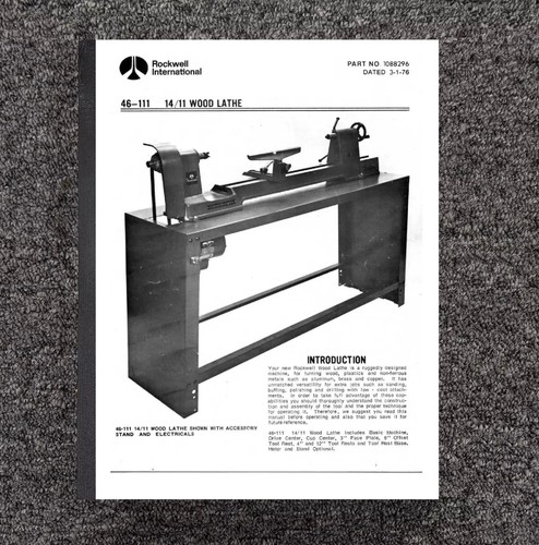 46-111 1976 Wood Lathe Instruction & Parts Manual Fits Rockwell 46-111 14-11