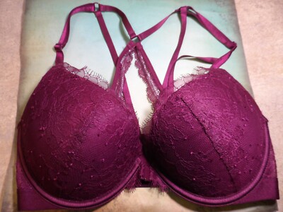 VICTORIA'S SECRET VERY SEXY PUSH UP LACE RACERBACK PADDED BURGANDY BRA SIZE 32D