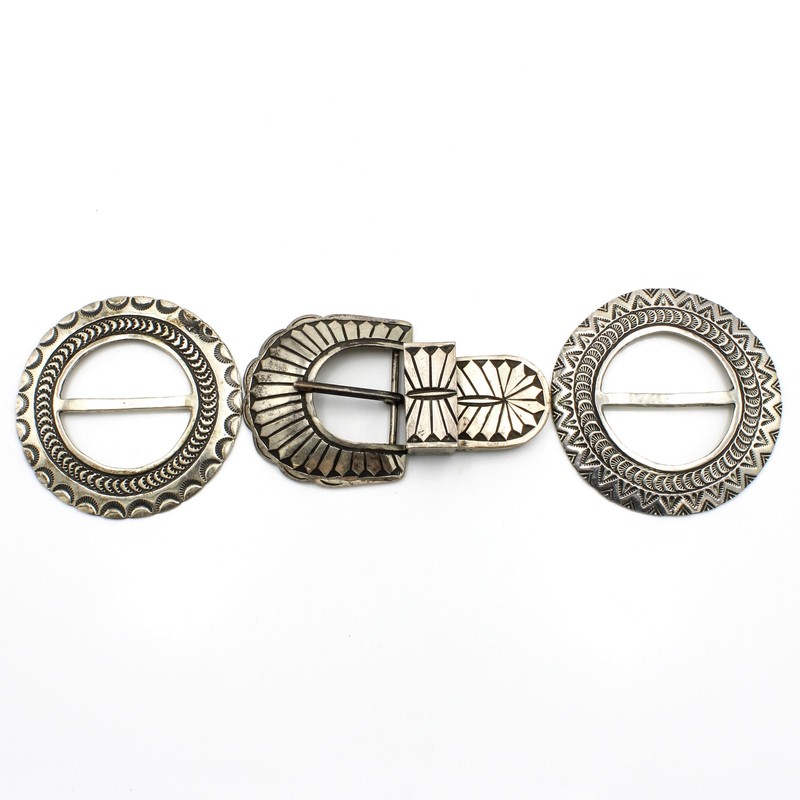Southwest Signed Sterling Overlay Hand-Stamp Men's Belt Buckle Lot of 3 #S5387-5