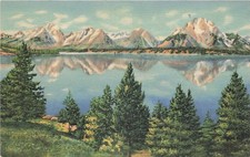 Postcard WY: Teton Peaks Reflected in Jackson Lake, Grand Teton NP Wyoming Linen