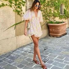 NWT For Love & Lemons Rue Puff Sleeve Mini Dress in Yellow Size Small