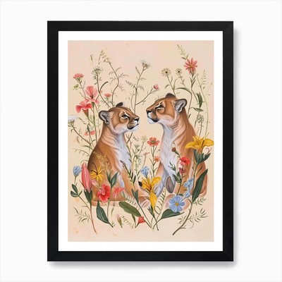 Folksy Floral Animal Drawing Cougar Framed Wall Art Poster Canvas Print Picture